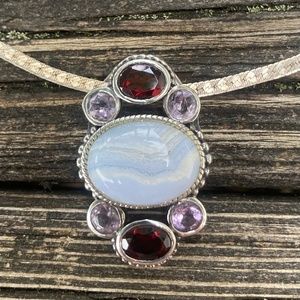 Blue Lace Agate, Amethyst & Garnet 925 Sterling Silver Pendant NWOT